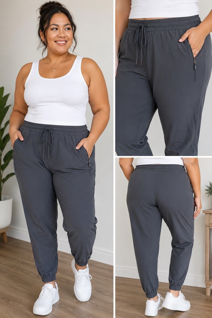 Women’s Gray Performance Jogger Pants Zip Pocket Stretch Athleisure Comfy 3XL